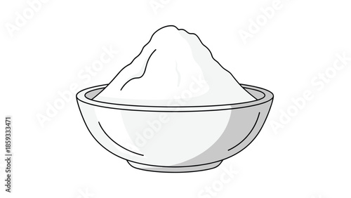 Simple white ceramic bowl filled with fine white flour or powdered sugar, ideal for baking ingredients or cooking preparation concepts.