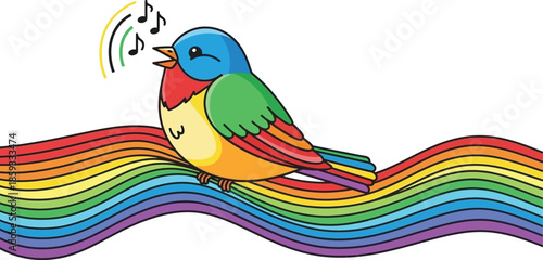 cute bird singing on rainbow on white background