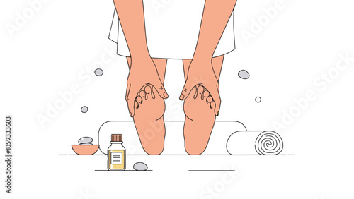 Hands massaging feet with an essential oil bottle and rolled towel nearby, illustrating a relaxing spa treatment or self-care routine.