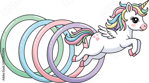 baby unicorn jumping through pastel on white background