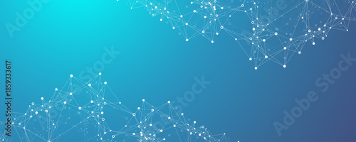 Abstract tech network connection dots illustration. Digital background and big data technology. Blue background with plexus lines. Geometric background with abstract mesh