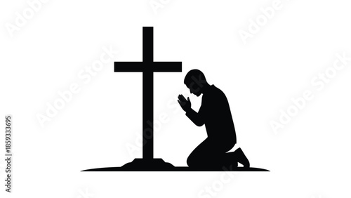 Silhouette of a man kneeling and praying reverently before a simple cross, symbolizing faith, spirituality, worship, and devotion.