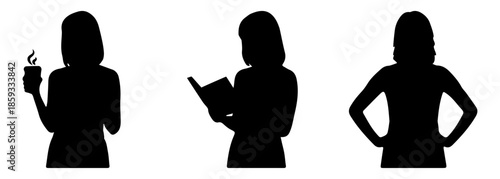 Woman silhouettes set, female character drinking coffee reading book and standing with hands on hips