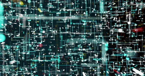 The abstract digital world pulsates with neon lines and dots, weaving the pattern of cyberspace. Color energy fills space, creating the illusion of data flowing.