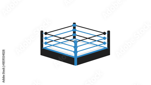 Simple isometric boxing ring with blue and black ropes and corner posts, ideal for depicting sports, competition, and fighting concepts.
