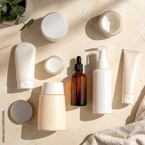 Skincare products and beauty routine essentials on a light background.