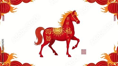 A vibrant red horse with golden accents runs amidst Chinese New Year decorations on a white background with a festive and celebratory mood.