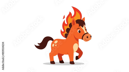 Cartoon horse with flames on its mane and tail standing alone on a white background with a concerned expression.
