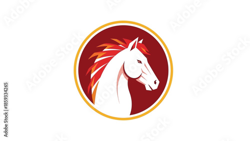 A circular logo featuring a white horse's head with a fiery mane on a red background, symbolizing the Chinese New Year, with a bold and vibrant design.