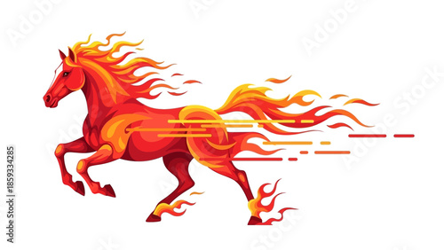 Vibrant illustration of a fiery horse running with flowing mane and tail, conveying a dynamic and energetic mood with warm, orange tones, against a clean white background, celebrating