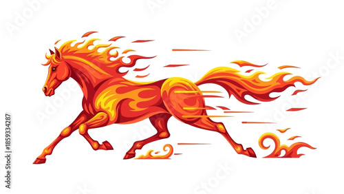 Vibrant illustration of a running horse with fiery mane and tail, depicted in warm orange and yellow hues, against a clean white background, symbolizing Chinese New Year.