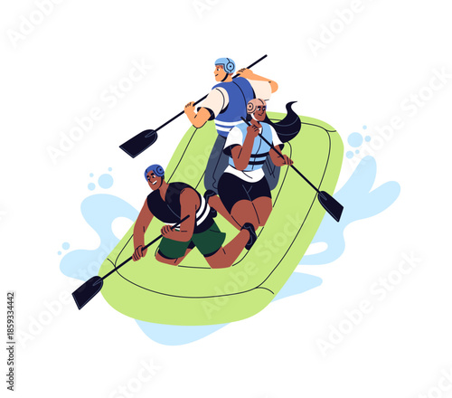 People are whitewater rafting. Team with paddles are rowing, floating in inflatable boat on mountain river. Group of men and women does extreme sport. Flat isolated vector illustration on white