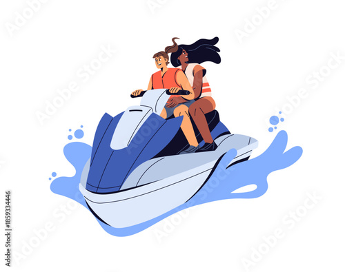 Girls are aquabiking on sea at summer travel. Friends ride a jet ski together. Homosexual couple is on water scooter, extreme personal watercraft. Flat isolated vector illustration on white background