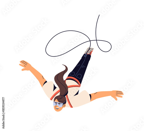 Happy girl is bungee jumping. Excited woman is falling with bungy rope from height. Brave person leaps from top with elastic cord. Extreme hobby. Flat isolated vector illustration on white background