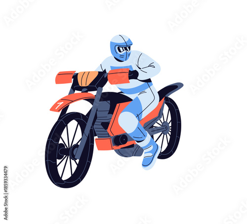 Rider in safety helmet does enduro. Racer does motocross, off road motorcycle racing. Biker is riding a motorbike. Motorsport, extreme sport. Flat isolated vector illustration on white background