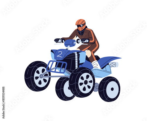 Racer does quad motocross. Rider in safety helmet does enduro, rides an ATV. Biker is off road motorcycle racing. Motorsport, extreme sport. Flat isolated vector illustration on white background