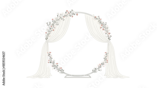 Minimalist circular wedding arch with soft drapes and delicate flowers, creating an elegant and romantic setting for ceremonies.