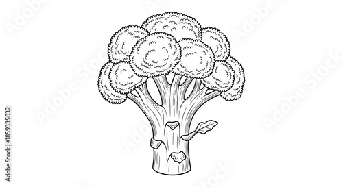 Detailed line art illustration of a head of broccoli shows its textured florets and thick stalk for healthy food and cooking themes.