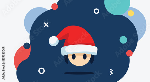 Stylized face wearing a classic red Santa hat is set against a dark blue abstract background with colorful geometric shapes and icons.