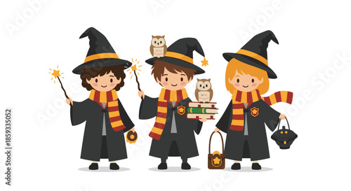 Three young wizard characters with wands and owls are ready for magical adventures in this charming and whimsical fantasy illustration.