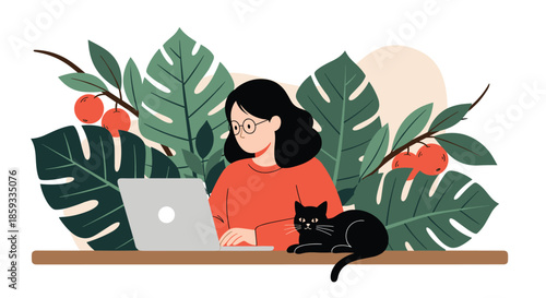 Modern woman works at a clean desk with her laptop and a black cat roommate surrounded by a vibrant jungle of indoor tropical plants.