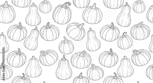 Abundant seamless pattern background features a variety of hand-drawn pumpkins and squashes in a clean and simple black and white style.