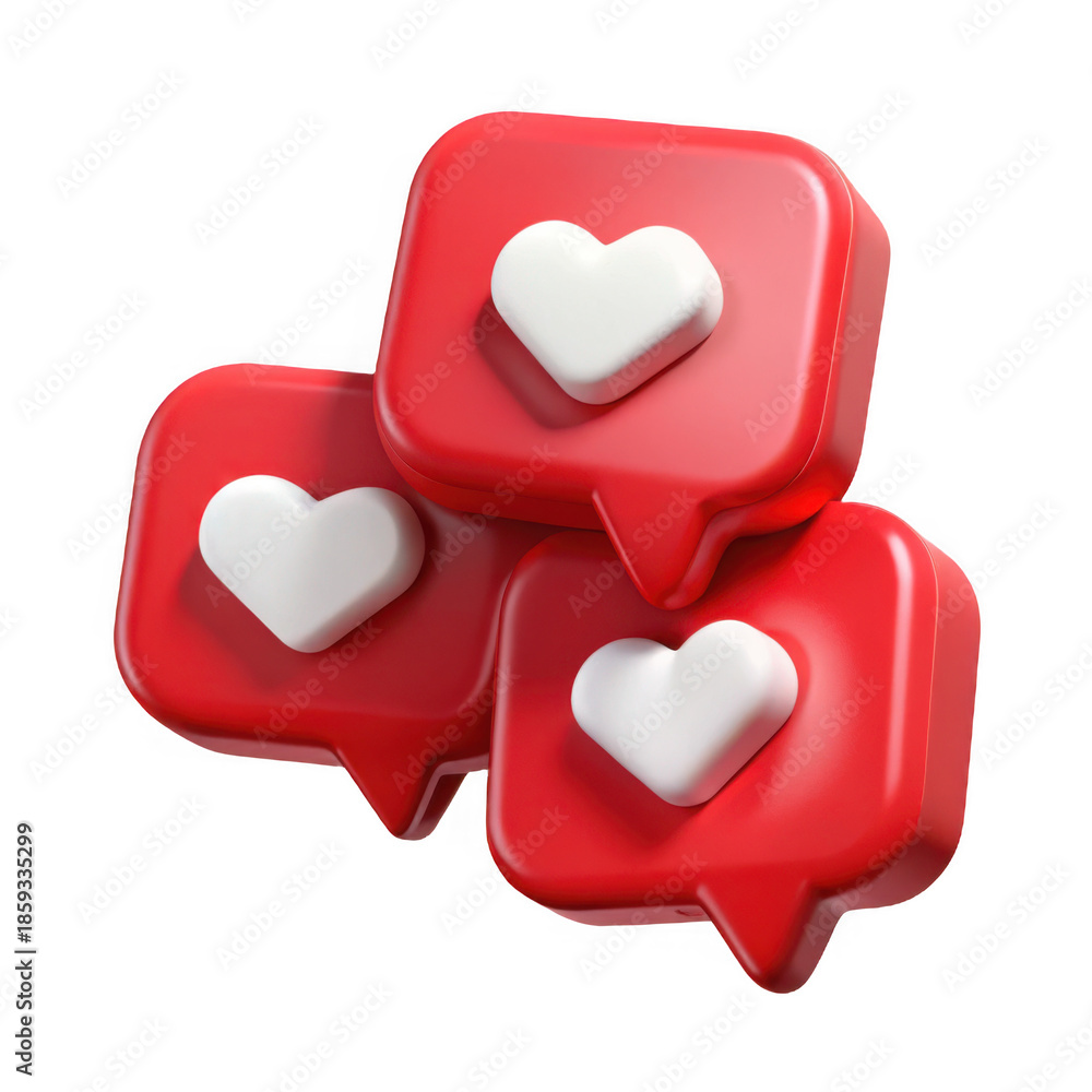Fototapeta premium Three red heart notification icons stacked together isolated on transparent background