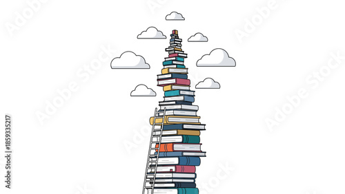 Tall stack of books with a ladder leading up to the clouds, symbolizing the endless pursuit of knowledge, education, and personal ascent.