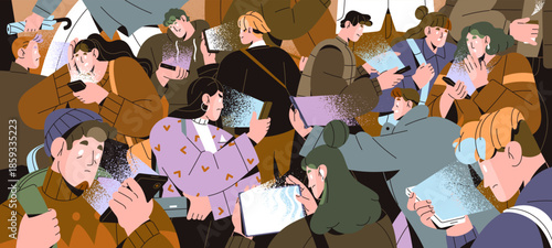 Crowd looks at screen of mobile phones. People are scrolling social networks, reading news, and surfing the Internet on smartphones. Concept of online life, device addiction. Flat vector illustration