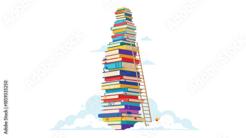 Towering stack of colorful books with a ladder reaching into the clouds, symbolizing education, knowledge accumulation, and intellectual growth.