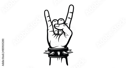 Powerful hand gesture showing the rock on or horns sign with a black spiked wristband represents heavy metal and rock music culture.