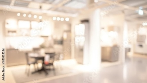 Abstract blur interior design showroom in shopping mall. Blurred furniture retail in department store. Defocused bokeh effect background or backdrop for business concept.