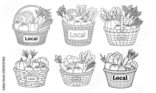 Assortment of fresh vegetables in baskets labeled "local"