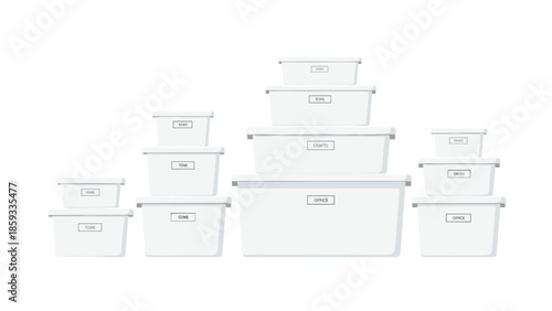 Organized collection of various sized white storage boxes with labels, perfect for illustrating home organization, decluttering, and efficient storage solutions.