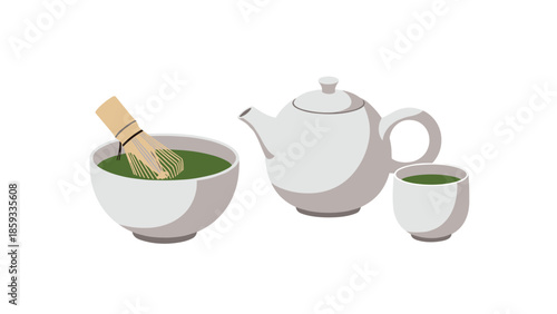 Traditional matcha tea set featuring a whisk, bowl of green tea, teapot, and cup, representing Japanese culture and healthy beverages.