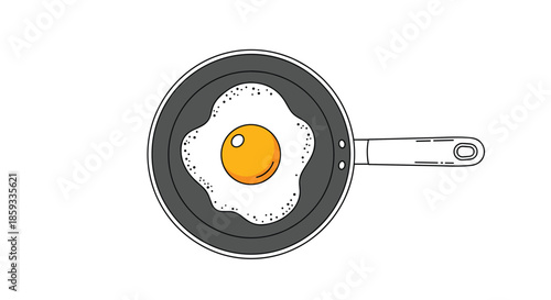 Single fried egg cooked sunny side up rests in the center of a dark non-stick frying pan viewed from a direct top-down perspective.