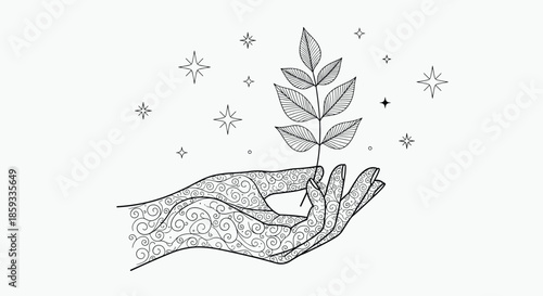 Intricate decorative hand reaches upward to hold a leafy branch surrounded by celestial stars and sparkles in a magical line art.