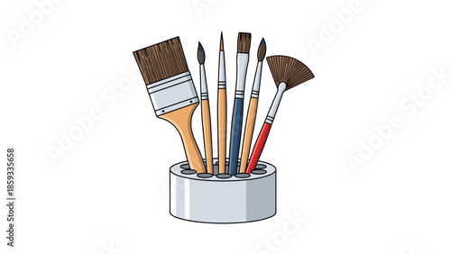 Holder filled with an assortment of various paint brushes, showcasing artistic tools and supplies for painters and creative enthusiasts.