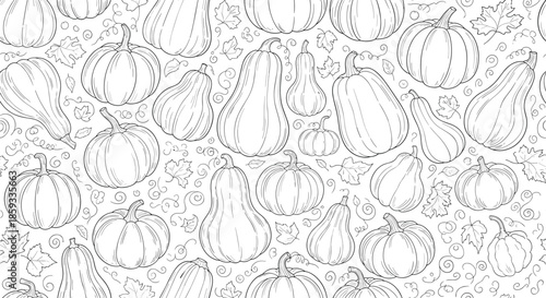 Detailed seamless pattern background consists of various hand-drawn pumpkins and squashes with autumn leaves and decorative swirls.