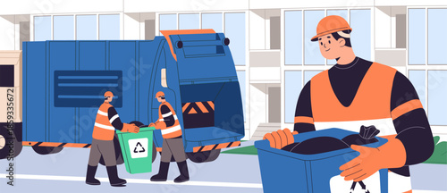 Municipal workers load waste bags, dustbins into garbage truck. Collectors carry trash bins, collect containers of junk, rubbish from street into car. City cleaning service. Flat vector illustration
