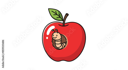 Friendly little worm pops out from a hole in a bright red apple with a green leaf in this charming and cute cartoon illustration.