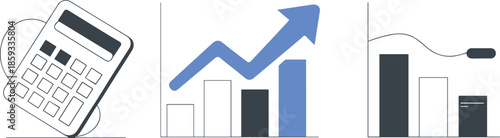 Financial icons set featuring calculator and growth bar charts, business data analysis symbols, accounting tools, market trends, profit and loss, vector.