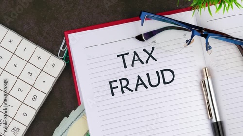 Animation of the appearance of a conceptual phrase, a FRAUD symbol in a notebook. Concept of development, business, strategy, innovation, technology, finance.