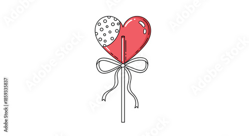Sweet heart-shaped lollipop decorated with white polka dots and a pretty bow on its stick makes for a lovely treat or gift symbol.