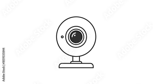 Minimalist webcam illustration depicts a standard computer camera with a round lens and a stable base in a clean line art style.
