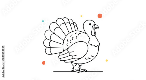 Friendly turkey illustration with its tail feathers fanned out is shown in a clean line art style with playful colorful dot accents.