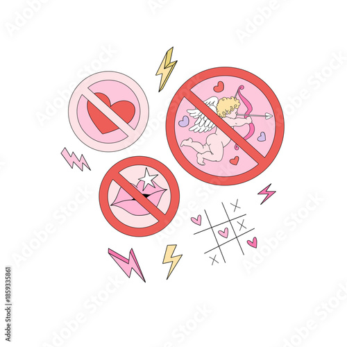 Anti Love Signs Clipart, Funny Anti Valentines Day Sarcastic Love Humor Retro Aesthetic Illustration for T-Shirt Design, Scrapbooking and Stickers