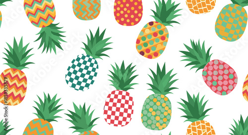 Vibrant seamless pattern showcases various colorful pineapples with different textures and patterns on their skin for a tropical feel.