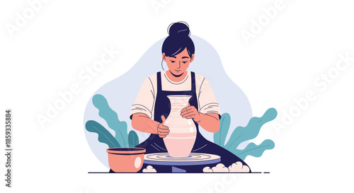 Creative woman sits at her pottery wheel carefully shaping a ceramic vase in an artistic workshop surrounded by lush green plants.