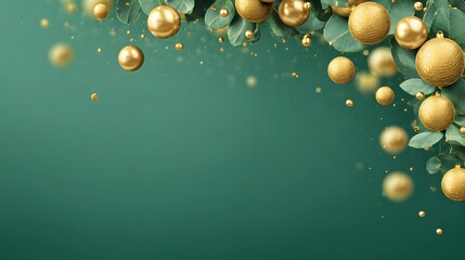 Golden Christmas ornaments and green eucalyptus leaves adorn a dark teal background with scattered